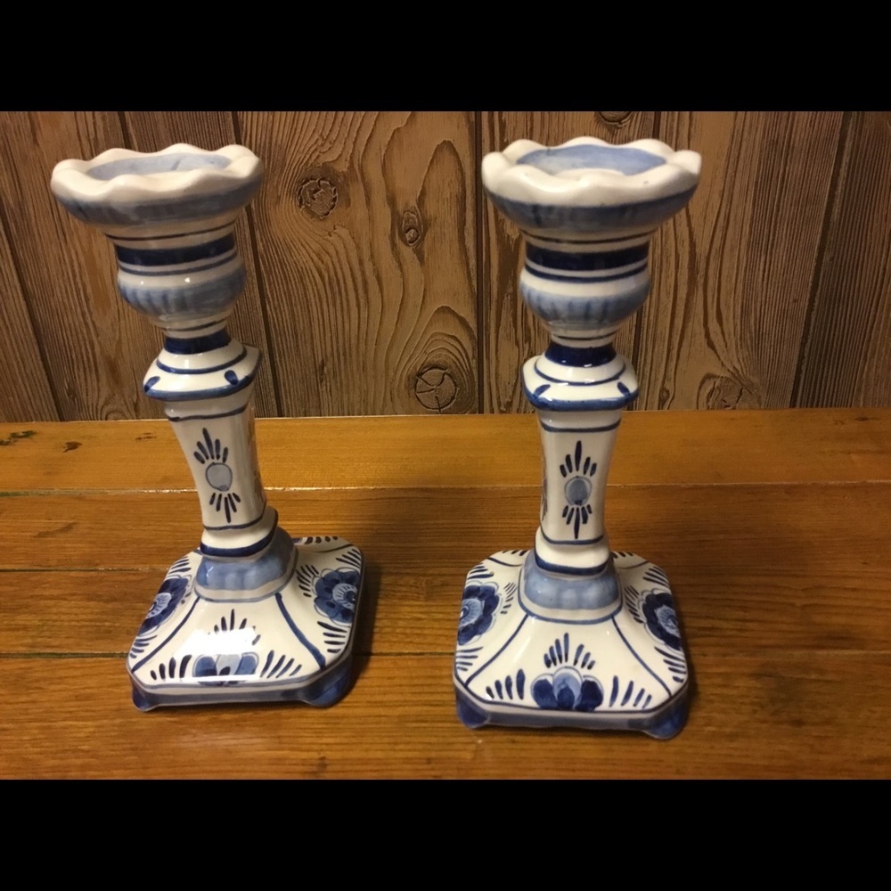 Delft Blue Hand Painted Ceramic candle sticks Vintage - Picture 3 of 5